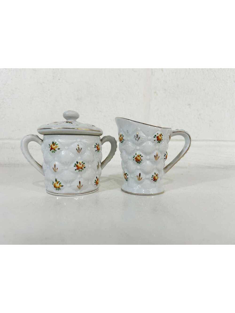Enesco Sugar Creamer Set Quilted Floral Kitsch 1950s